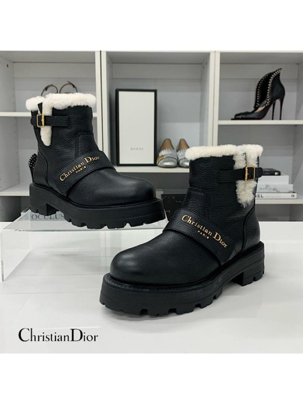 Dior D-Quest Leather Logo Shearling Short Boots